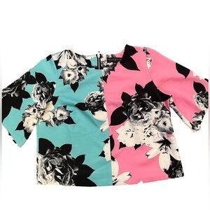 ELOQUII Colorblock Floral Cropped Blouse Hot Pink & Turquoise Plus Size